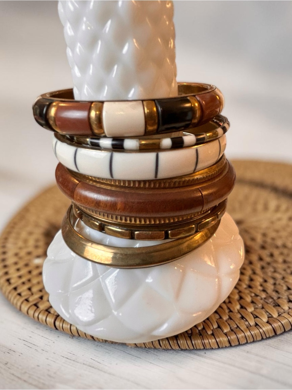 Lot of 6 Mixed Media Brass Bangles | Resin Wood Enamel Stack Bracelets Boho